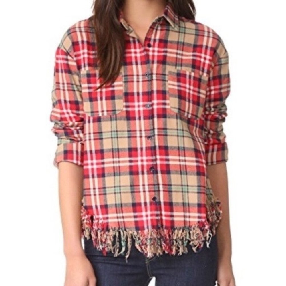 Moon River Fringe Plaid Button Down Flannel Tan Red Cotton Size Medium
